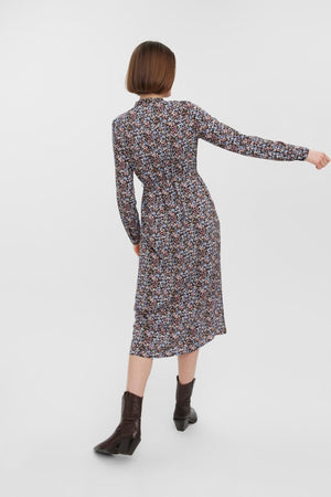 Easy Lang Skjortekjole - Svart m. Blå Blomster