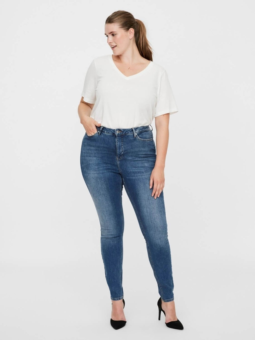 Lora Jeans high waisted (Curve) - Medium blå denim