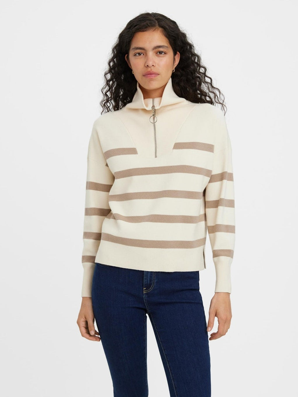 Saba Stripe Half-zip Bluse - Birch Brown