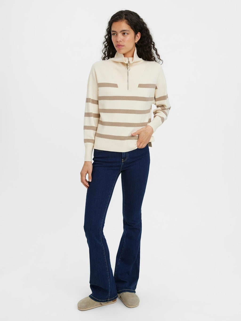 Saba Stripe Half-zip Bluse - Birch Brown